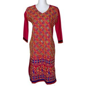 Indian Pink Cotton Multicolor Embroidered Dancers Geometric Sequins Tunic Top